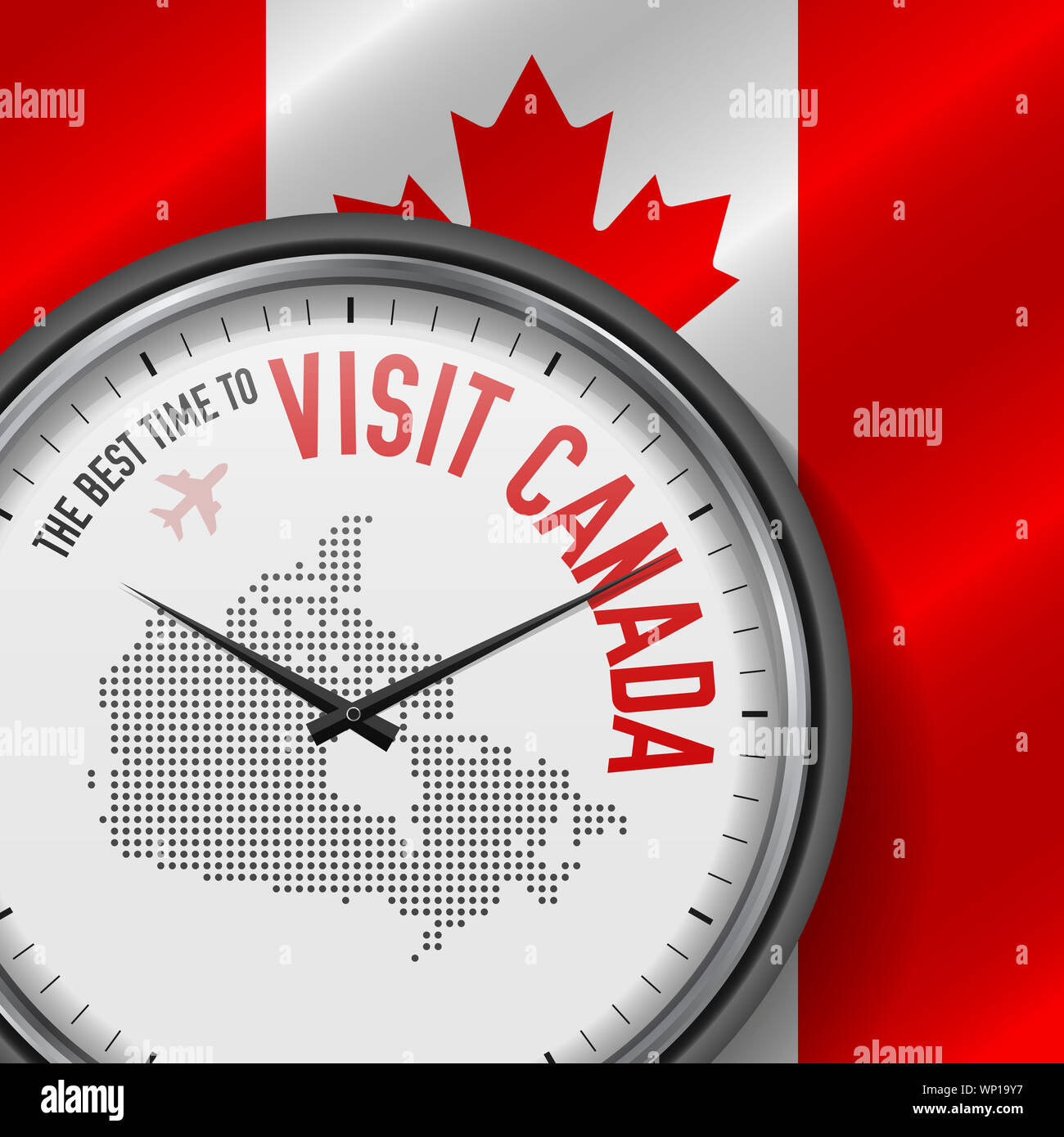 The Best Time to Visit Canada. Travel to Canada. Tourist Air Flight. Waving Flag Background and Dots Pattern Map on the Dial. Illustration. Stock Photo