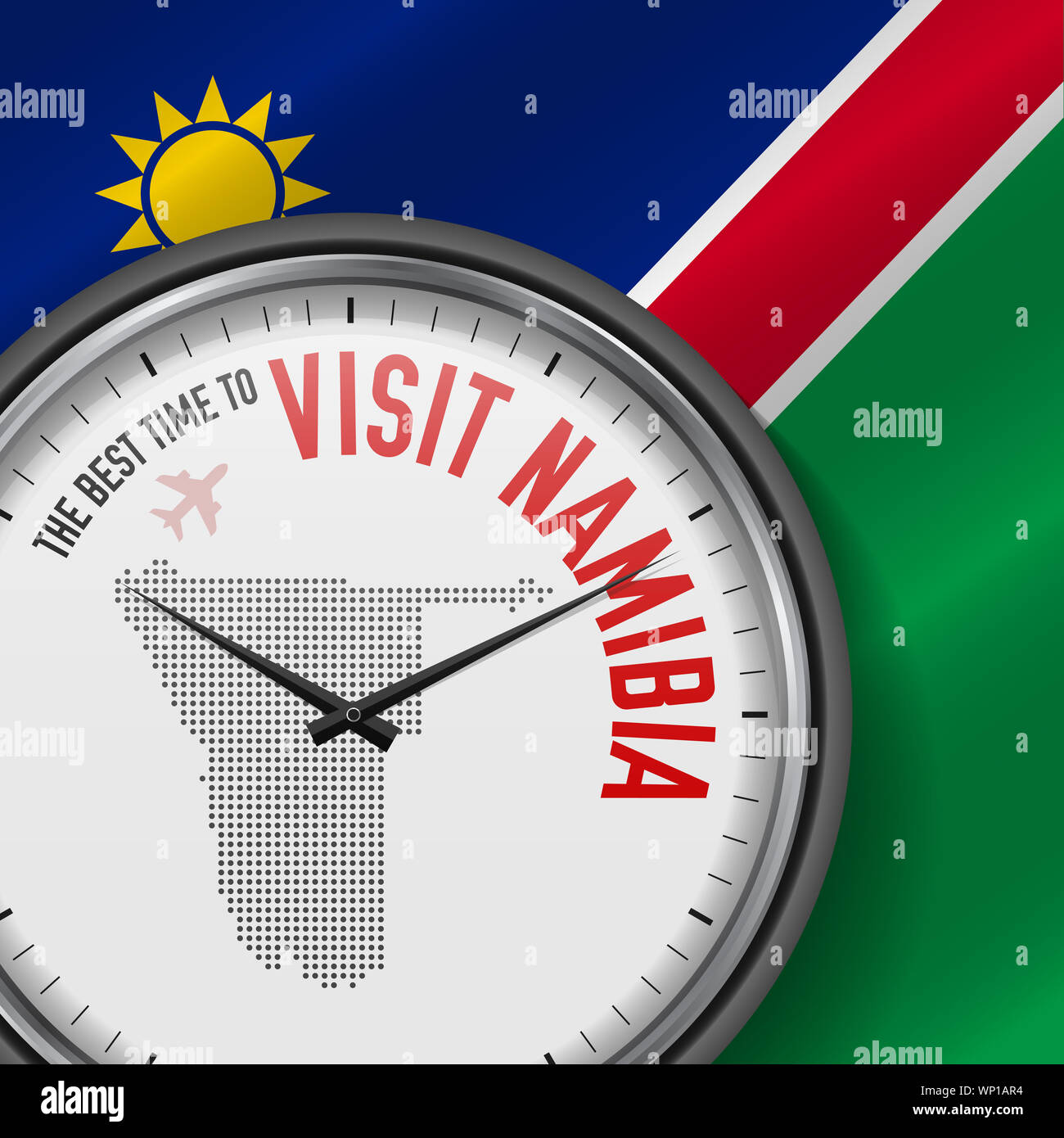 The Best Time to Visit Namibia. Travel to Namibia. Tourist Air Flight.  Waving Flag Background and Dots Pattern Map on the Dial. Illustration Stock  Photo - Alamy