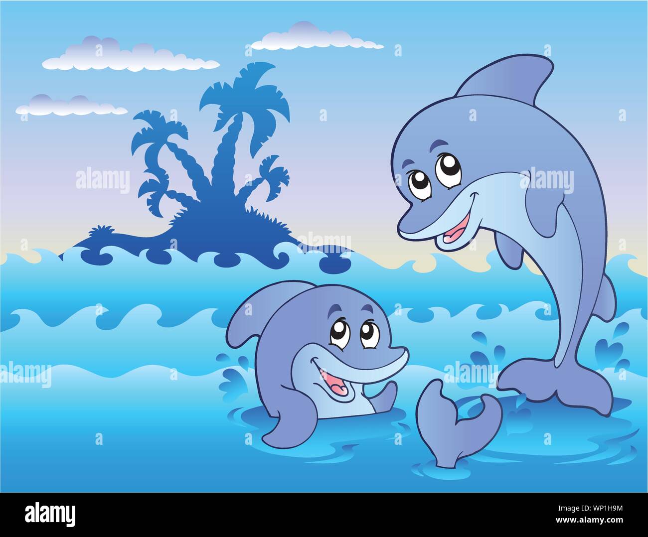 Two dolphins playing in waves Stock Vector