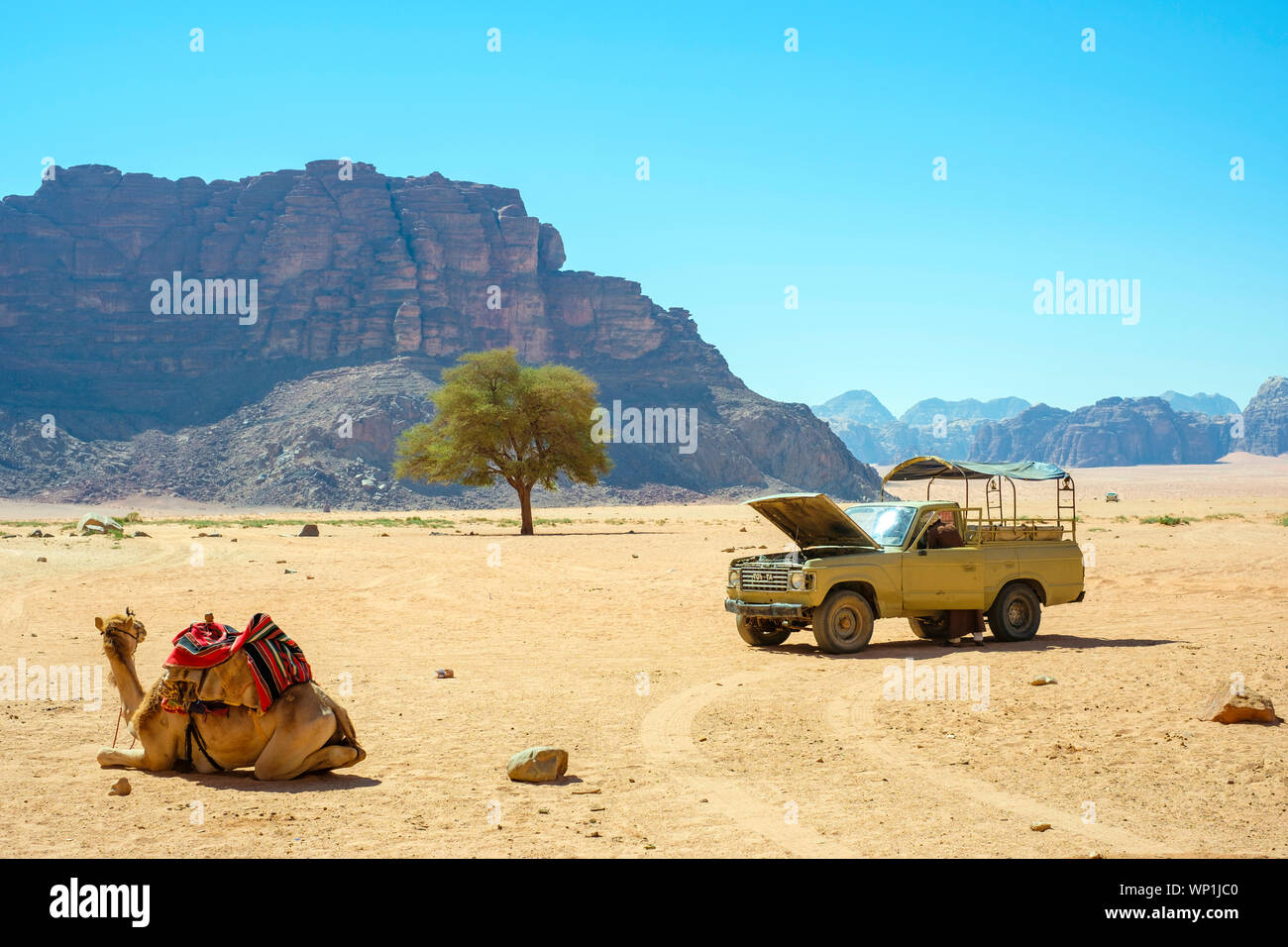 Jordan, Aqaba Governorate, Wadi Rum. Wadi Rum Protected Area, UNESCO World Heritage Site. Four wheel drive truck belonging to local bedouin guide. Stock Photo