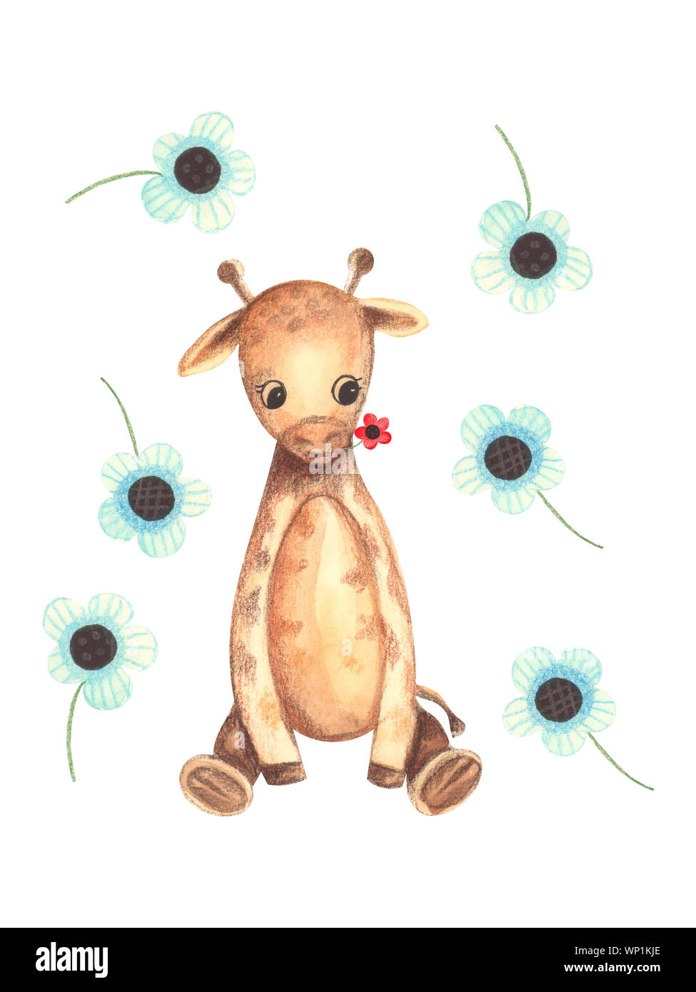 Illustration of color watercolor animal character giraffe sitting among flowers on a white isolated background. Stock Photo