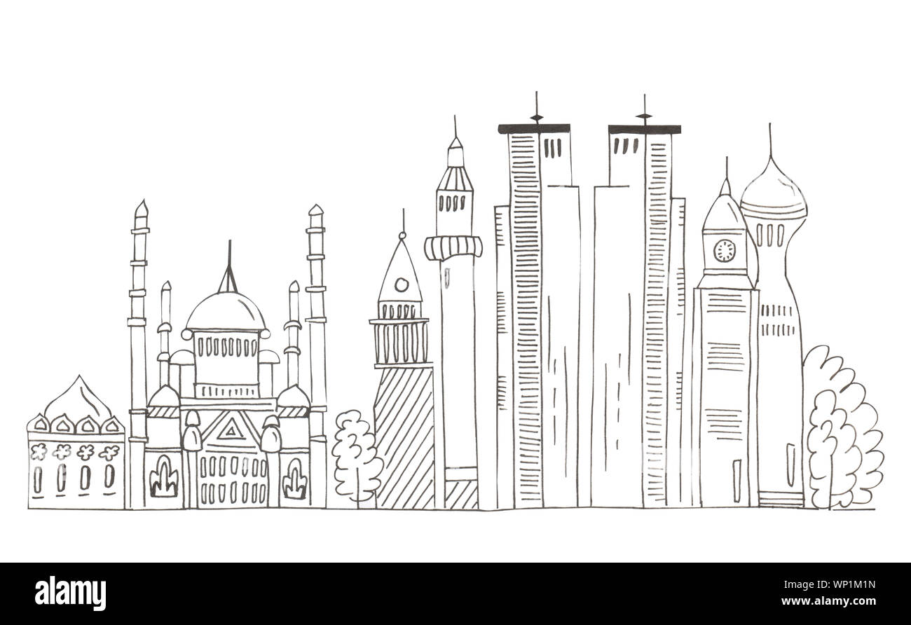 Illustration of sketch drawing black contour of skyline cities on a white isolated background. Stock Photo