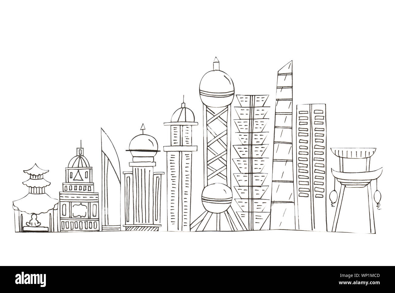 Illustration of sketch drawing black contour of skyline cities on a white isolated background. Stock Photo