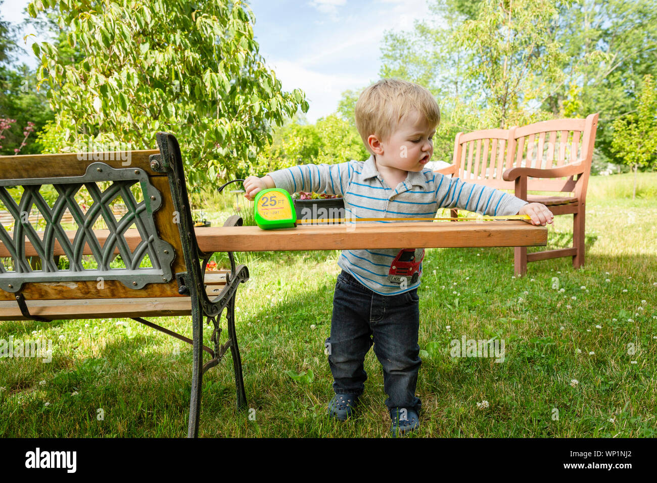 Toddler boy looks serious as he measures a board outside in backyard Stock Photo