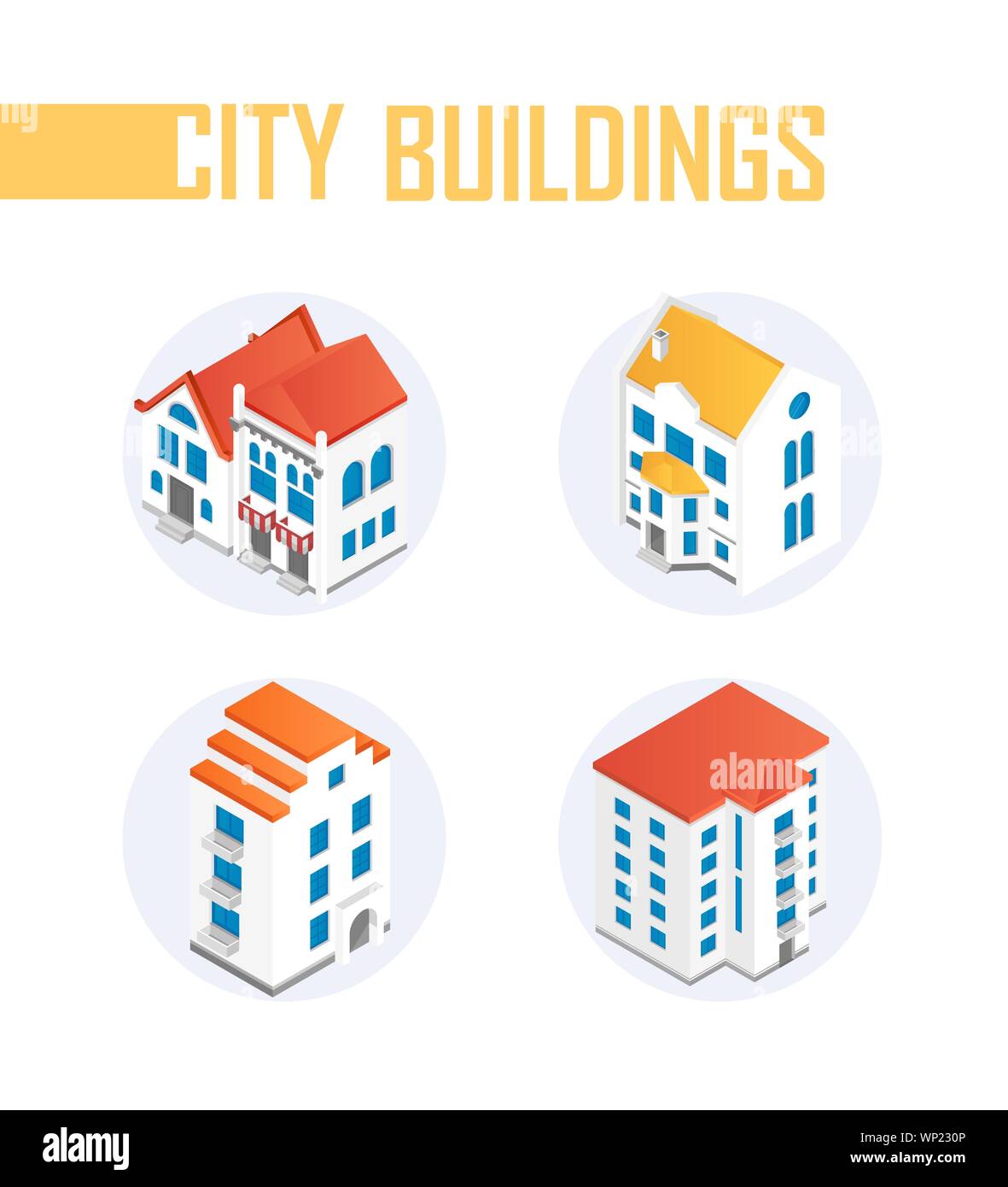 City buildings - modern vector colorful isometric elements on white background. High quality collection of four objects, apartment houses, shops, cafe Stock Vector