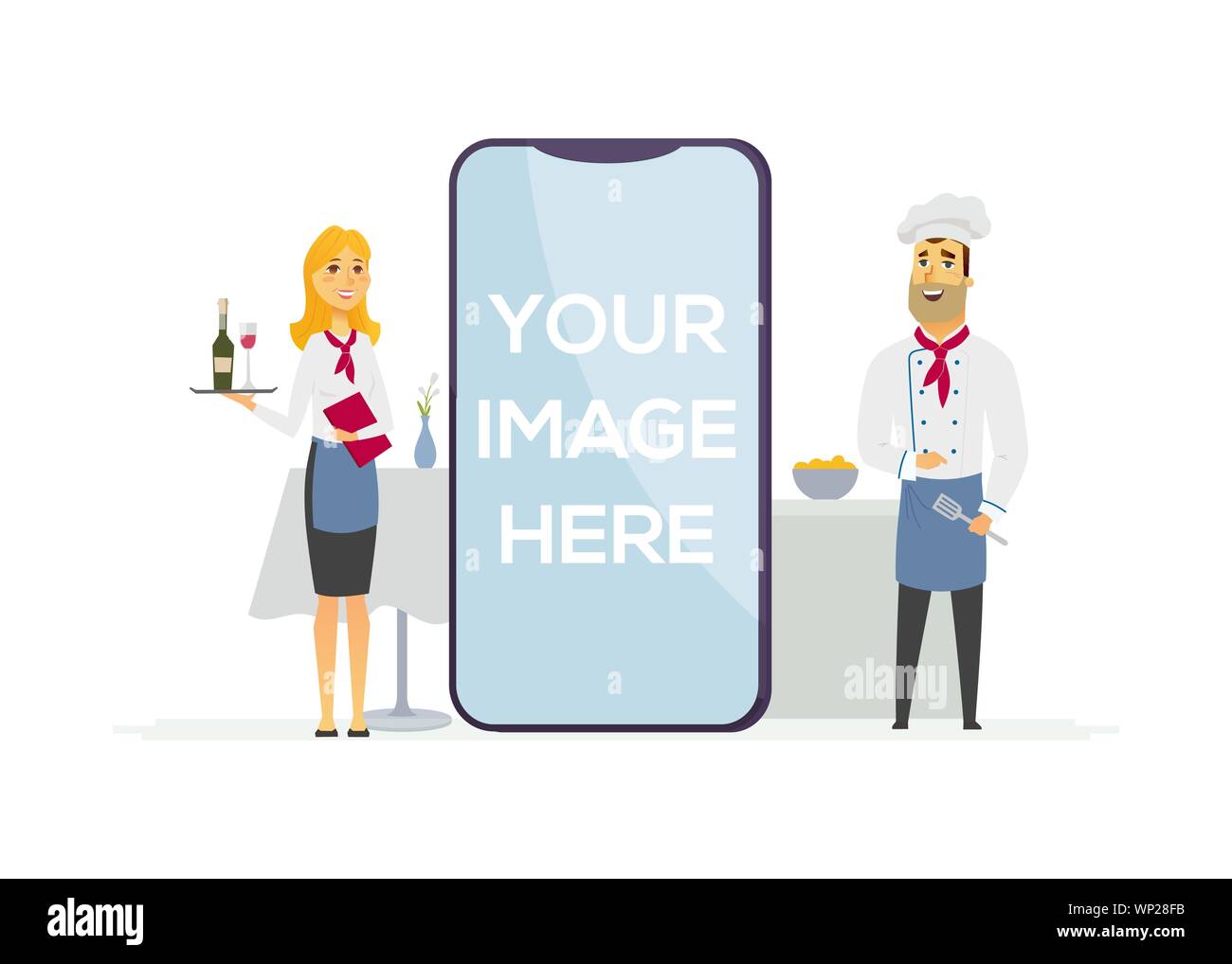 Restaurant staff - cartoon people characters isolated illustration on white background. Cafe workers, chef and a waiter. Catering professionals in uni Stock Vector