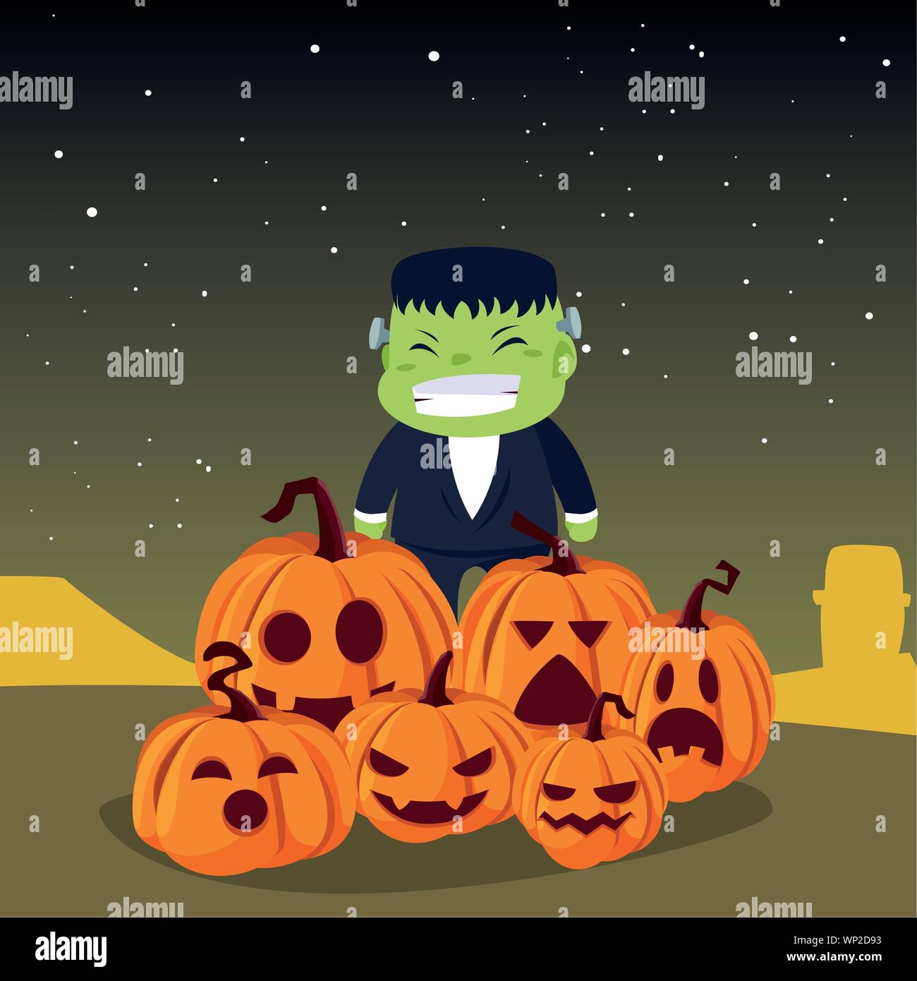boy frankenstein costume with pumpkin halloween vector illustration ...