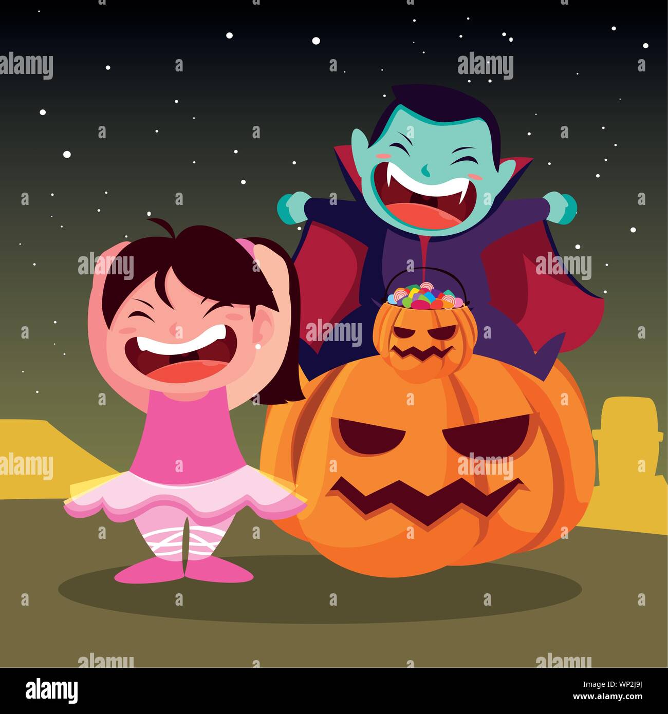 girl in halloween ballerina boy dracula costume with pumpkin vector illustration Stock Vector