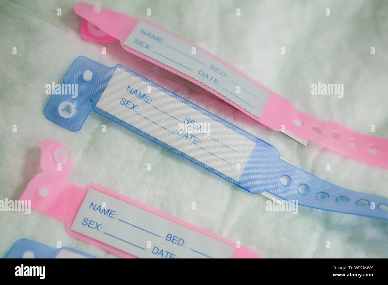 Close-up image with new born babies tags, blue for boys and pink for girls in a maternity Stock Photo