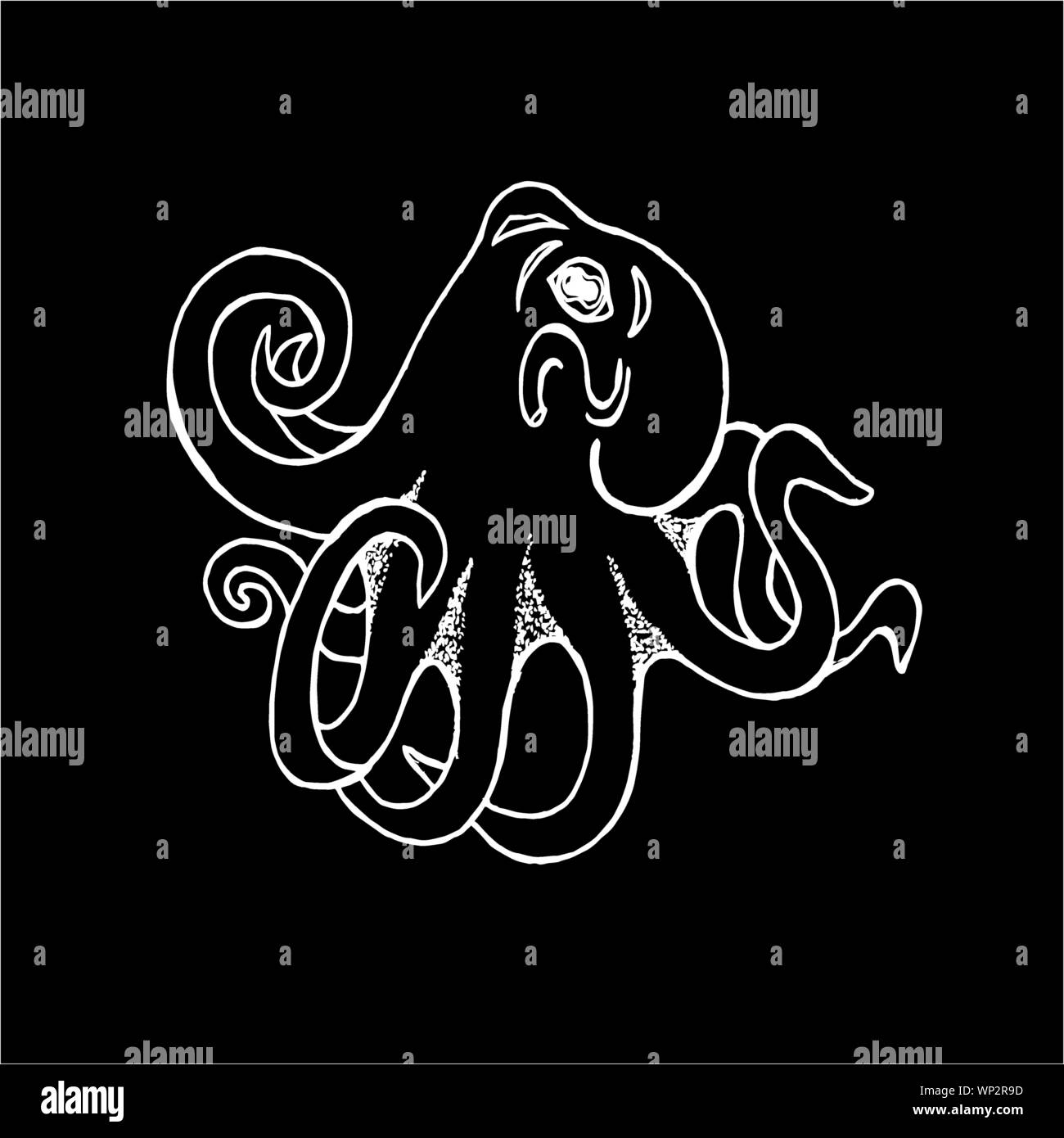 Black white illustration of an octopus. Chalk on a blackboard Stock