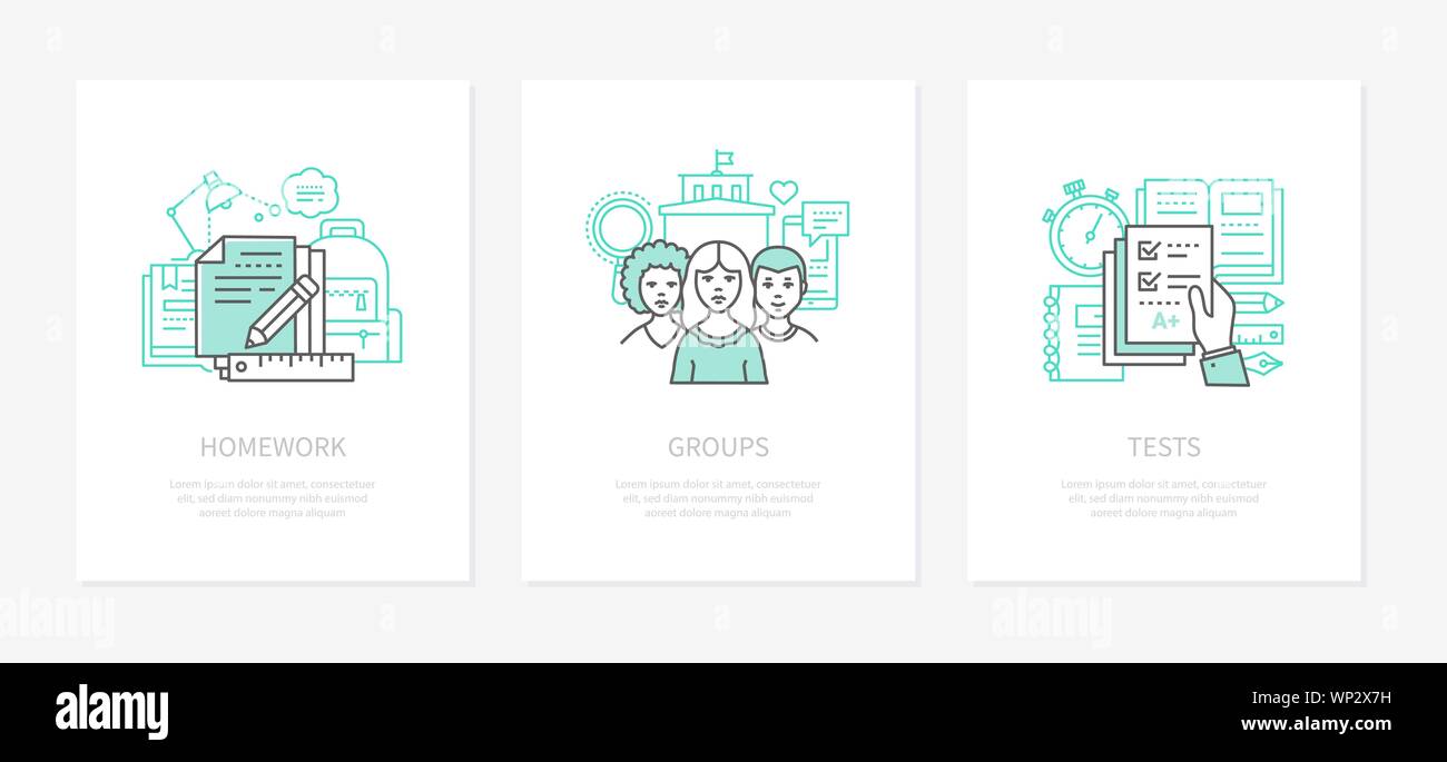 Homework assignment, task concept vector icons set. Social group