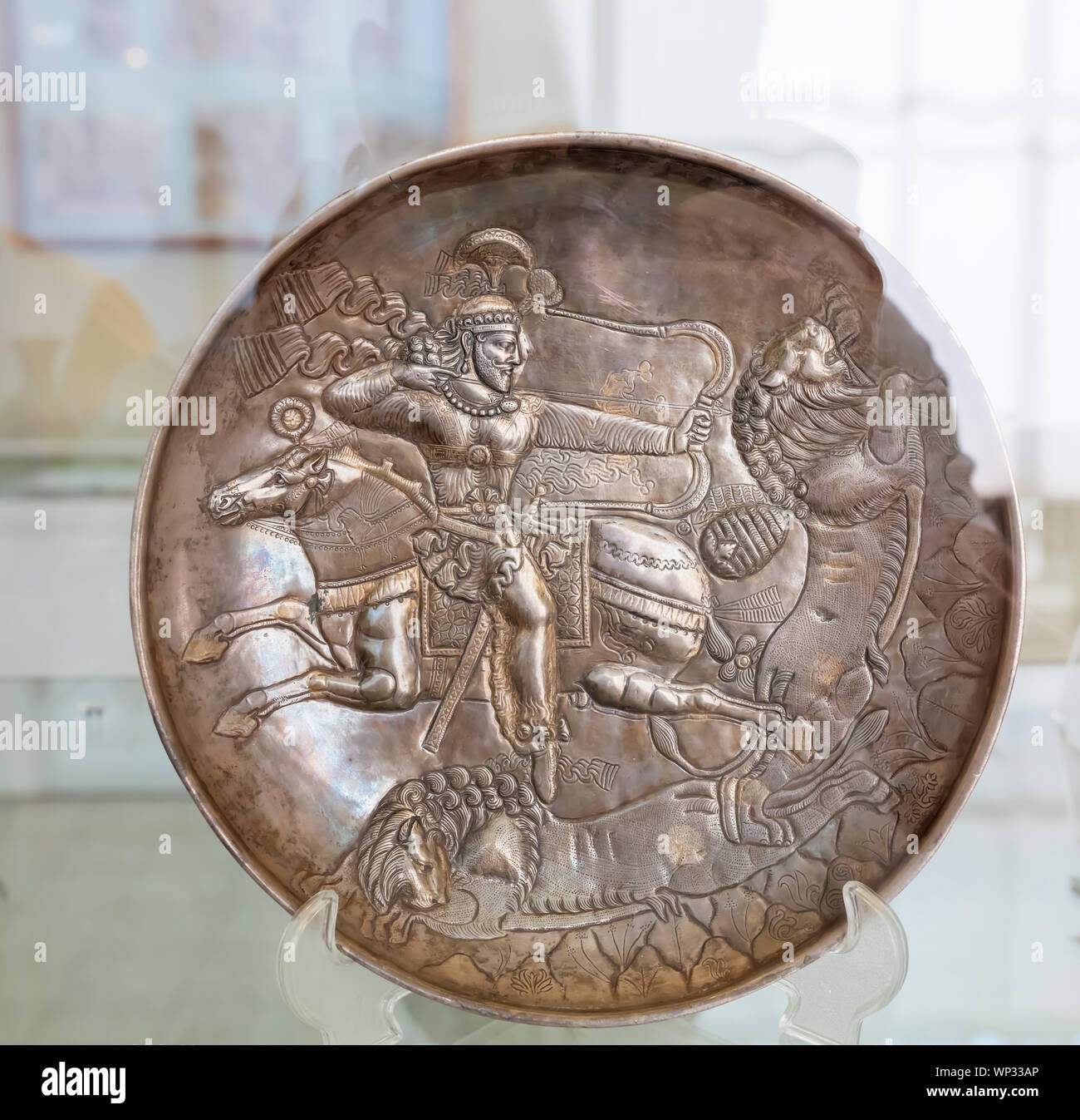 Sasanian silver plate, Mazandaran, Museum of Ancient Iran, National Museum of Iran, Tehran, Iran Stock Photo