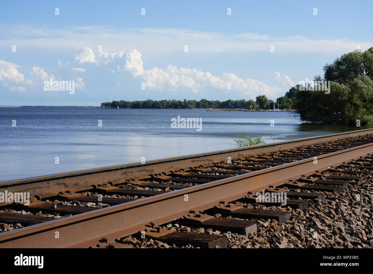 Train Tracks next to Winnebago Lake out in Oshkosh, Wisconsin Stock