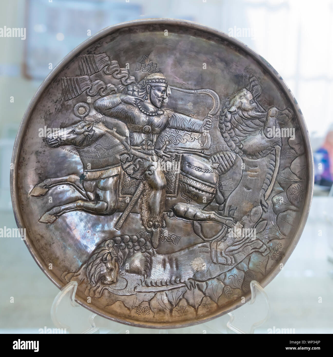 Sasanian silver plate, Mazandaran, Museum of Ancient Iran, National Museum of Iran, Tehran, Iran Stock Photo
