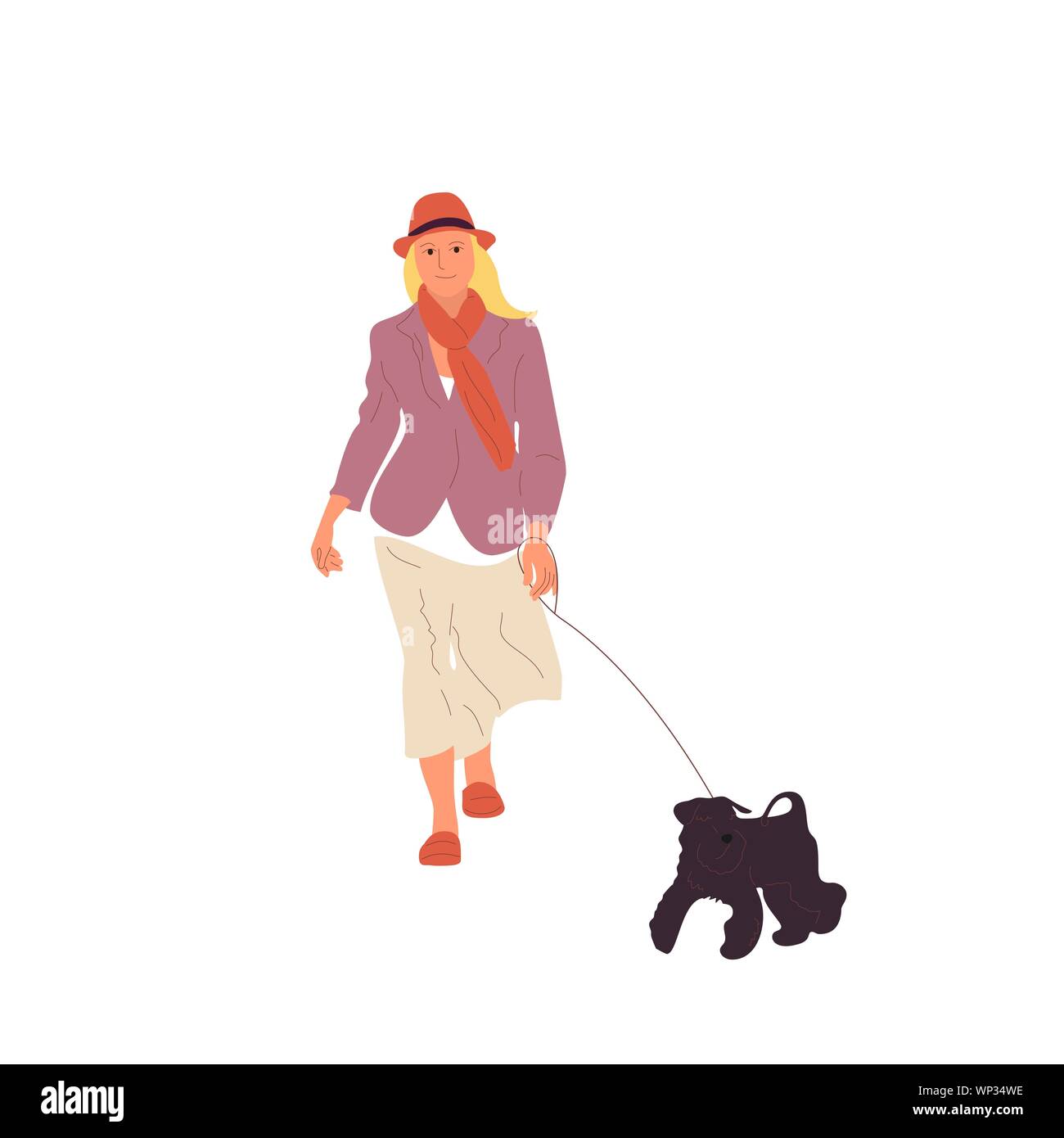 Young girl is walking with a black terrier dog on a leash. Isolated on white background. Flat style cartoon stock vector Stock Vector