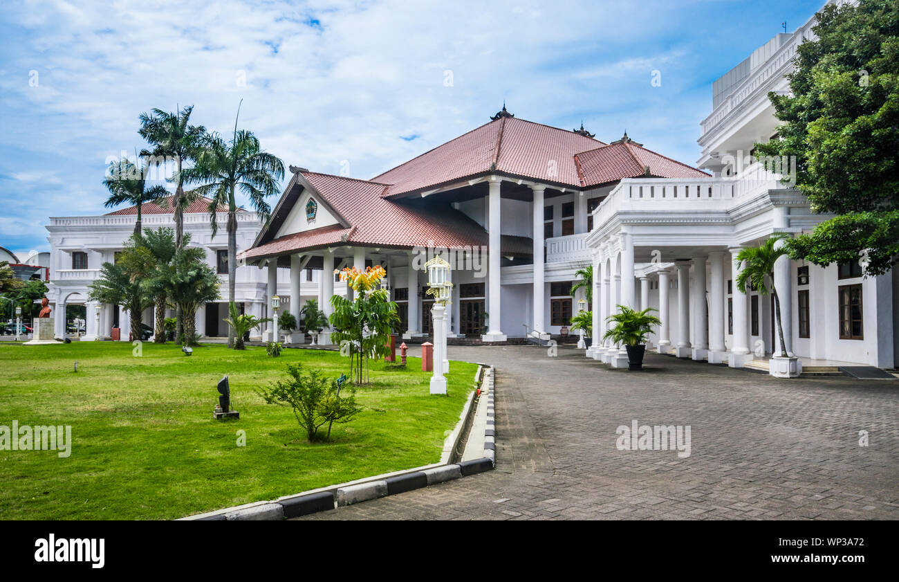 view of the Wisma Perdamaian Rumah Rakya, State government office, the former colonial-era Estate Bonjon or Vredestein palace, Semarang, Central Java, Stock Photo