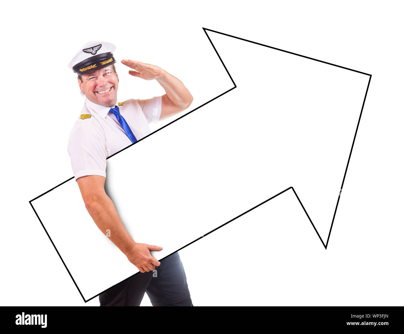 A cheerful pilot hold symbol of direction for way and salute with his ...