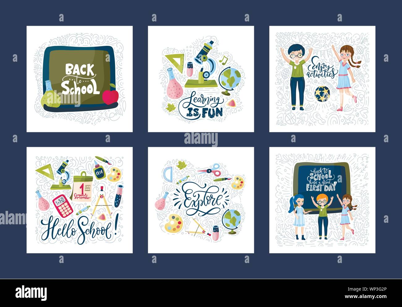 Vector school card set. Back to school poster collection with education ...