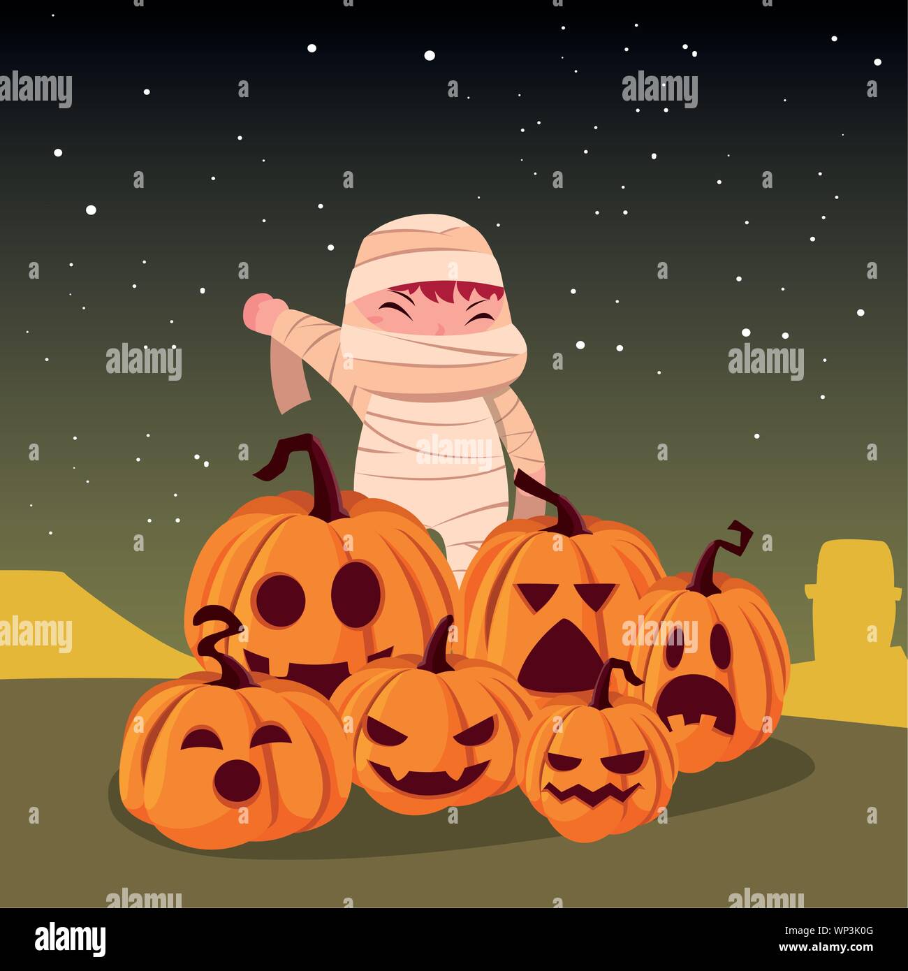 boy in mummy costume halloween pumpkins vector illustration Stock ...