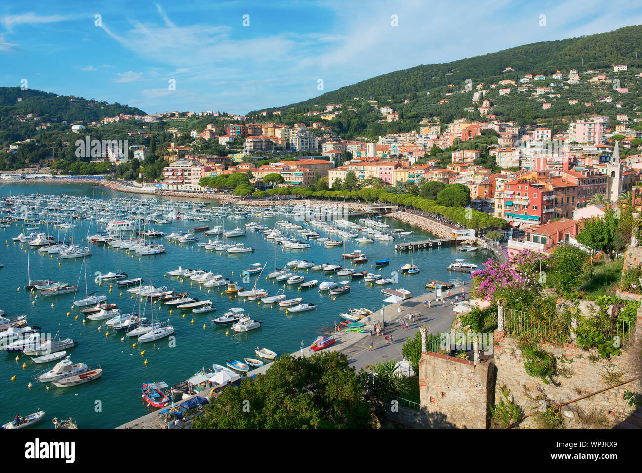 Elevated view of the bay and Lerici in the Gulf of Spezia, Northern Italy from the castle showing the boats moored in the marina and historic architec Stock Photo