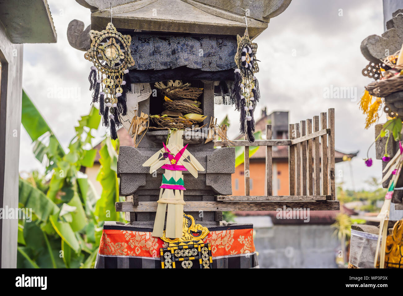 Traditional balinese offerings to gods in Bali with flowers and ...