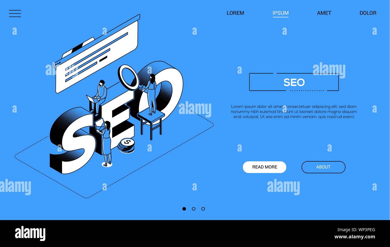 Search engine optimization landing page vector template. SEO training courses website homepage interface idea with isometric vector illustration. Inte Stock Vector