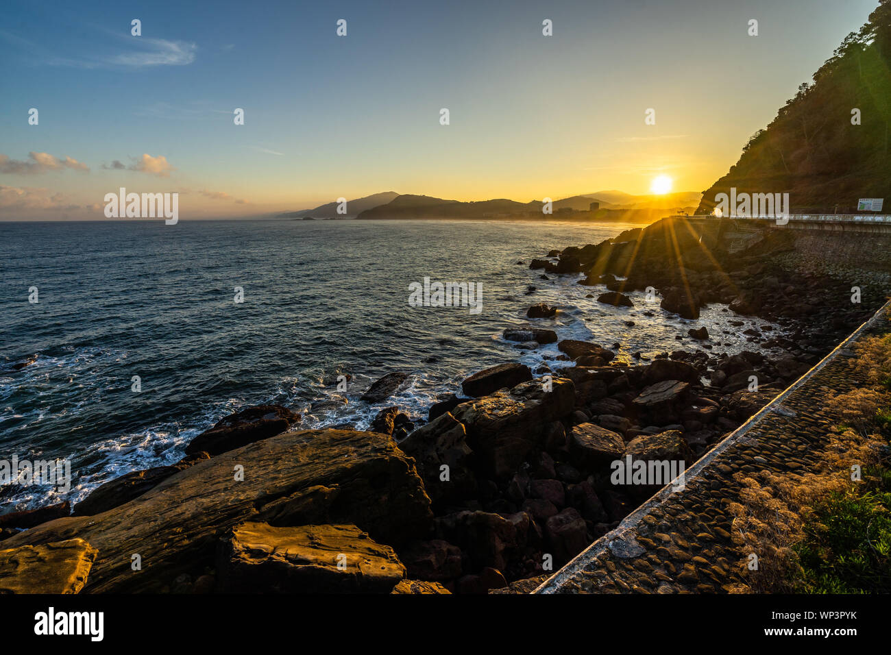 Beautiful landscape at sunrise of Spanish Atlantic coast in Basque Country near the town of Getaria Stock Photo