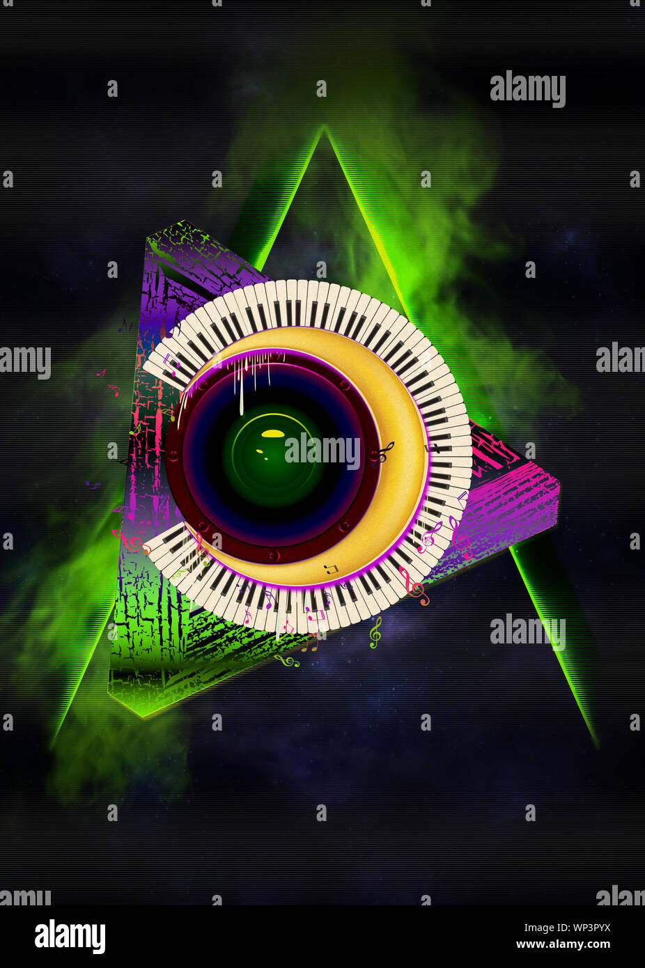 Starfield texture and audio speaker with piano keyboard, trance