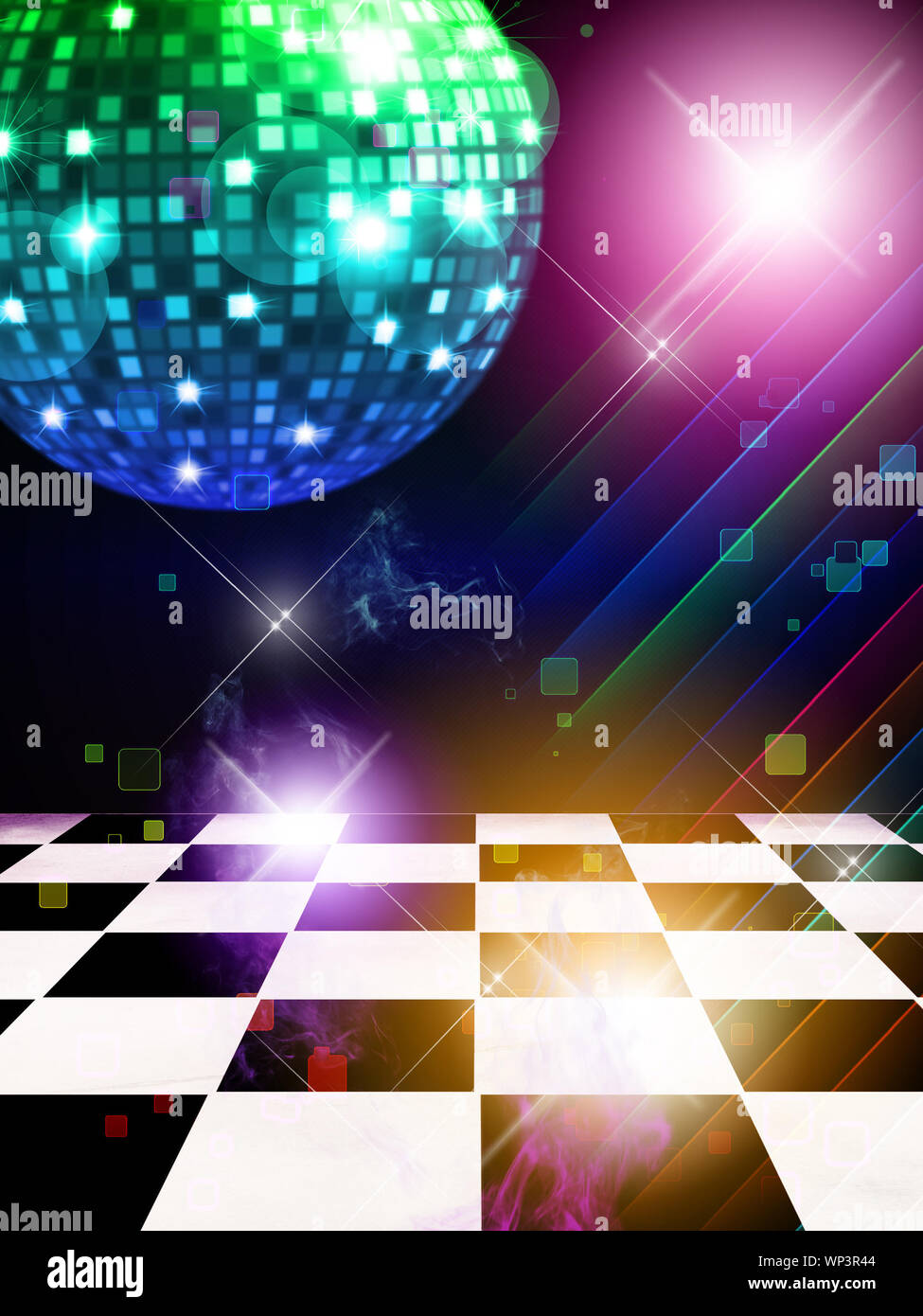 Illustration of dance floor with disco mirror ball and stars background  Stock Photo - Alamy