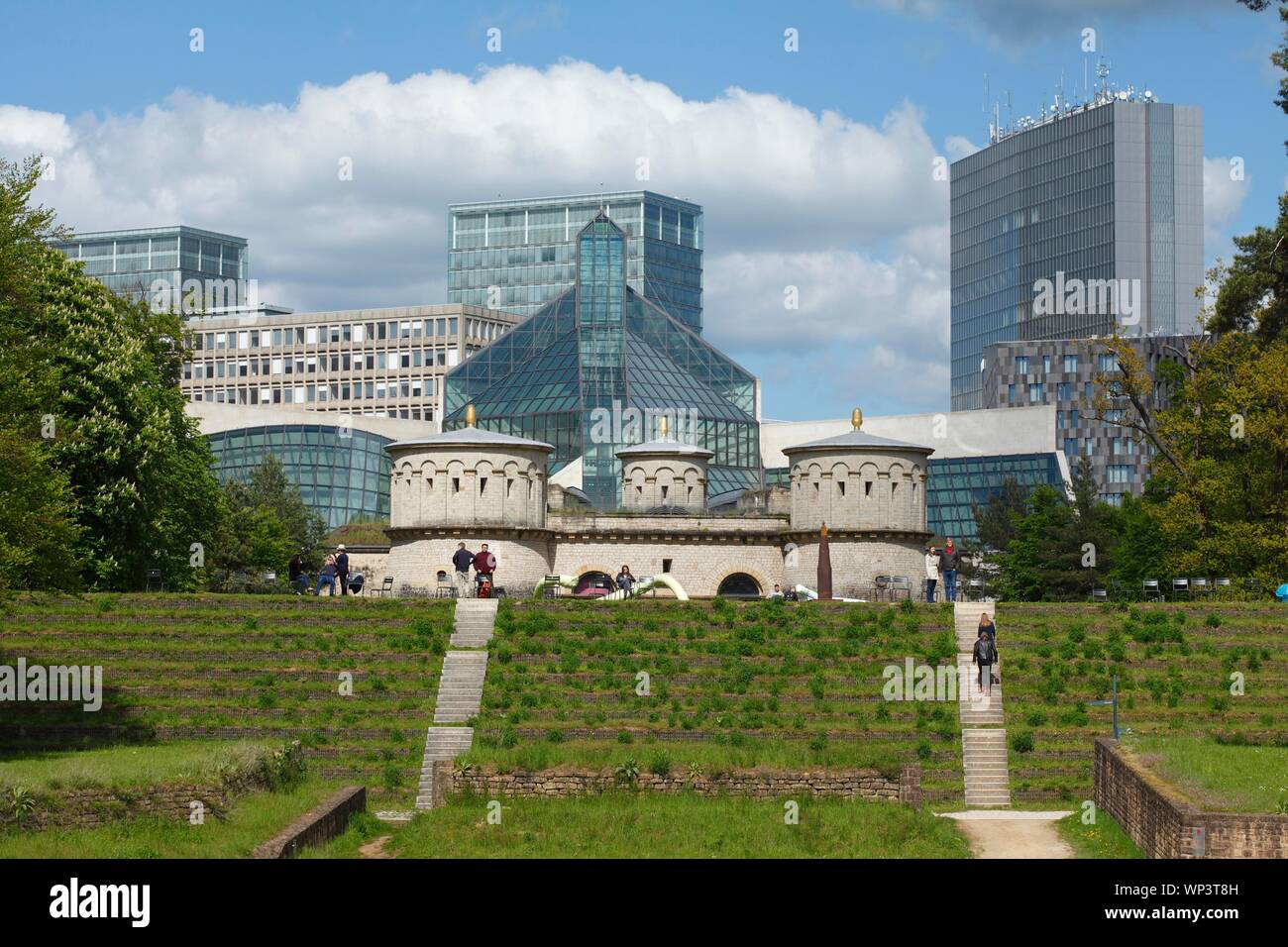 View of Kirchberg Plateau, Plateau de Kirchberg, with Fort Thungen and skyscrapers of the European Quarter, Luxembourg Stock Photo