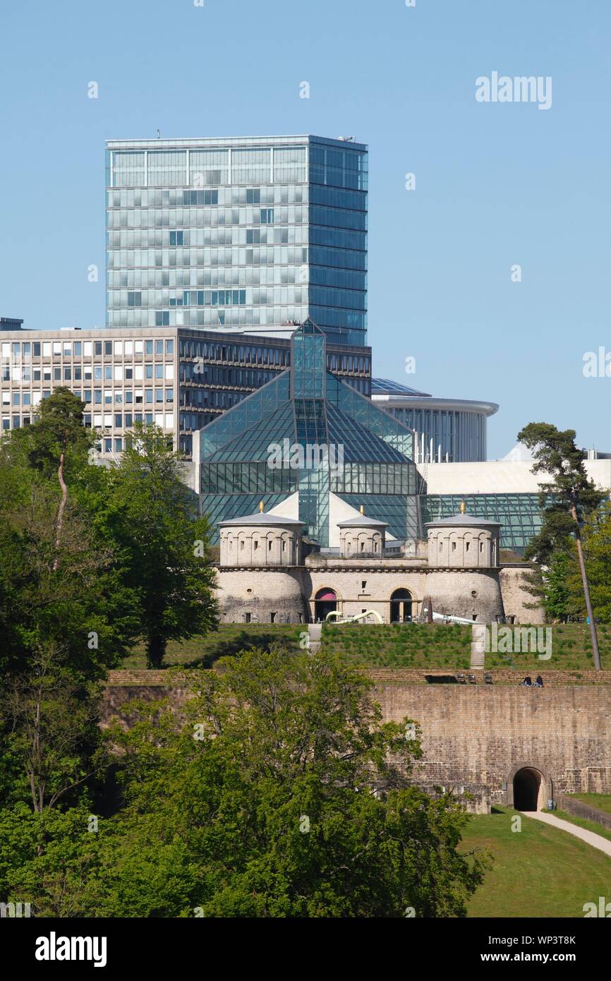 View of Plateau de Kirchberg, Fort Thungen, skyscrapers of the European Quarter, Luxembourg Stock Photo