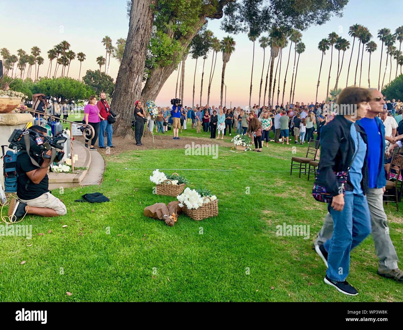 Santa Barbara, California, USA. 6th Sep, 2019. Family, friends and members of Santa Barbara community mourn together at Vigil on September 6 at Chase Palm Park in Santa Barbara for the 34 victims of the dive boat Conception fire. Credit: Amy Katz/ZUMA Wire/Alamy Live News Stock Photo