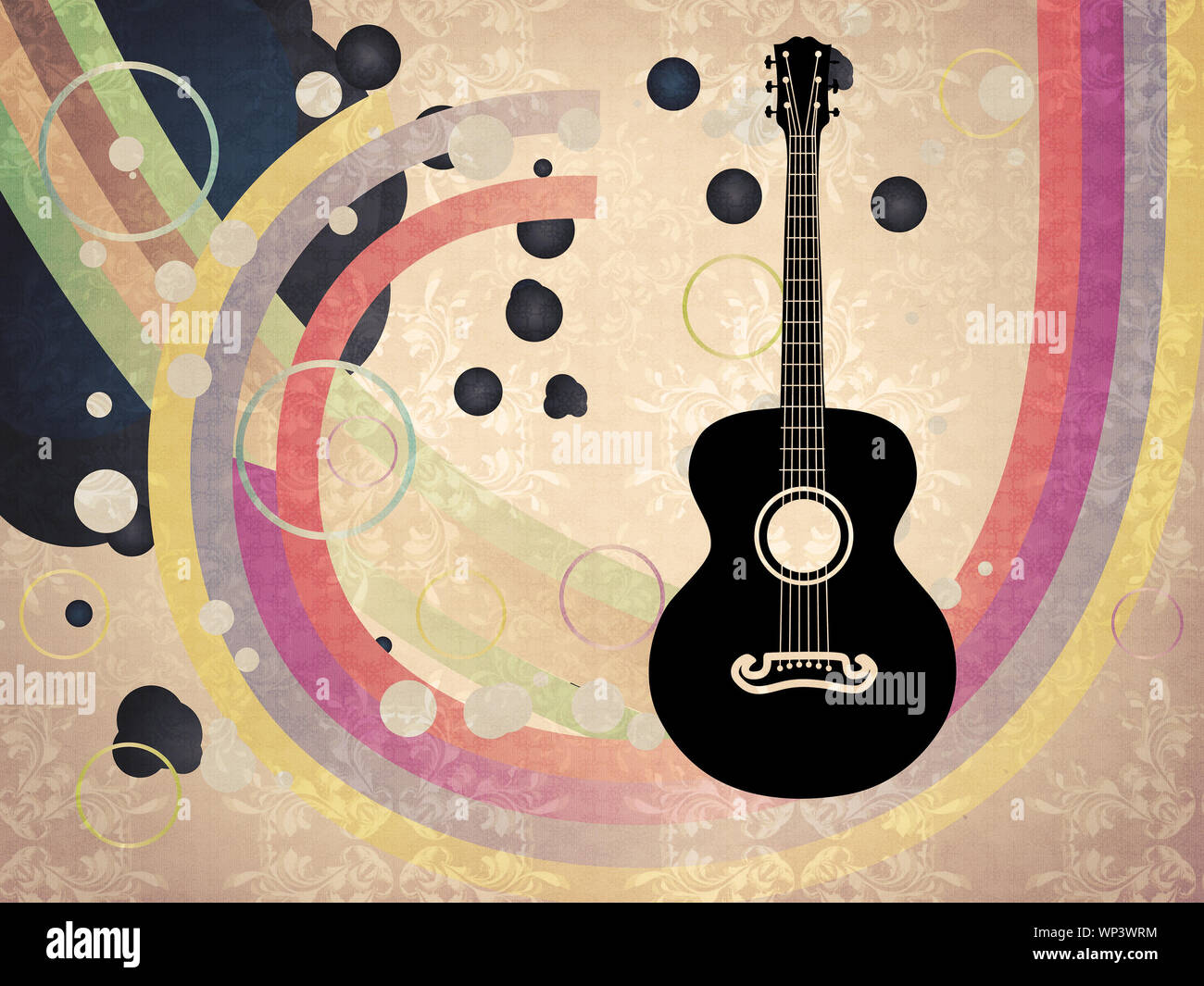 Retro acoustic guitar six strings silhouette on abstract grunge