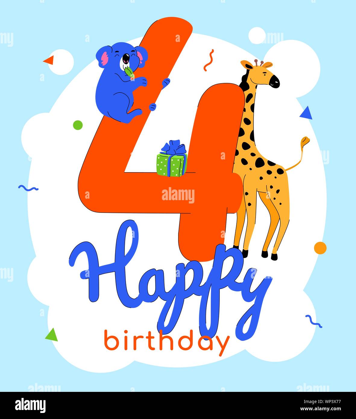 Children 4th birthday greeting card vector template. Cute animals cartoon characters. Adorable koala, giraffe flat illustration with number four. Four Stock Vector Image & Art - Alamy Children 4th birthday greeting card vector template. Cute animals cartoon characters. Adorable koala, giraffe flat illustration with number four. Four Stock Vector Image & Art - Alamy