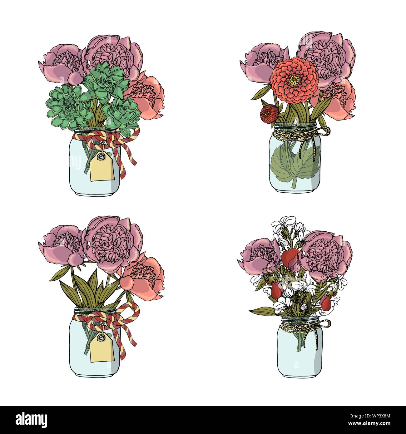 Hand drawn doodle style bouquets of different flowers, succulent, dahlia, stock flower, sweet pea. Stock Vector