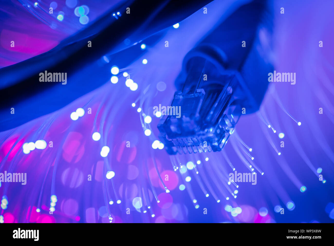 Network cables closeup with fiber optic. Selective focus with shallow depth of field. Stock Photo