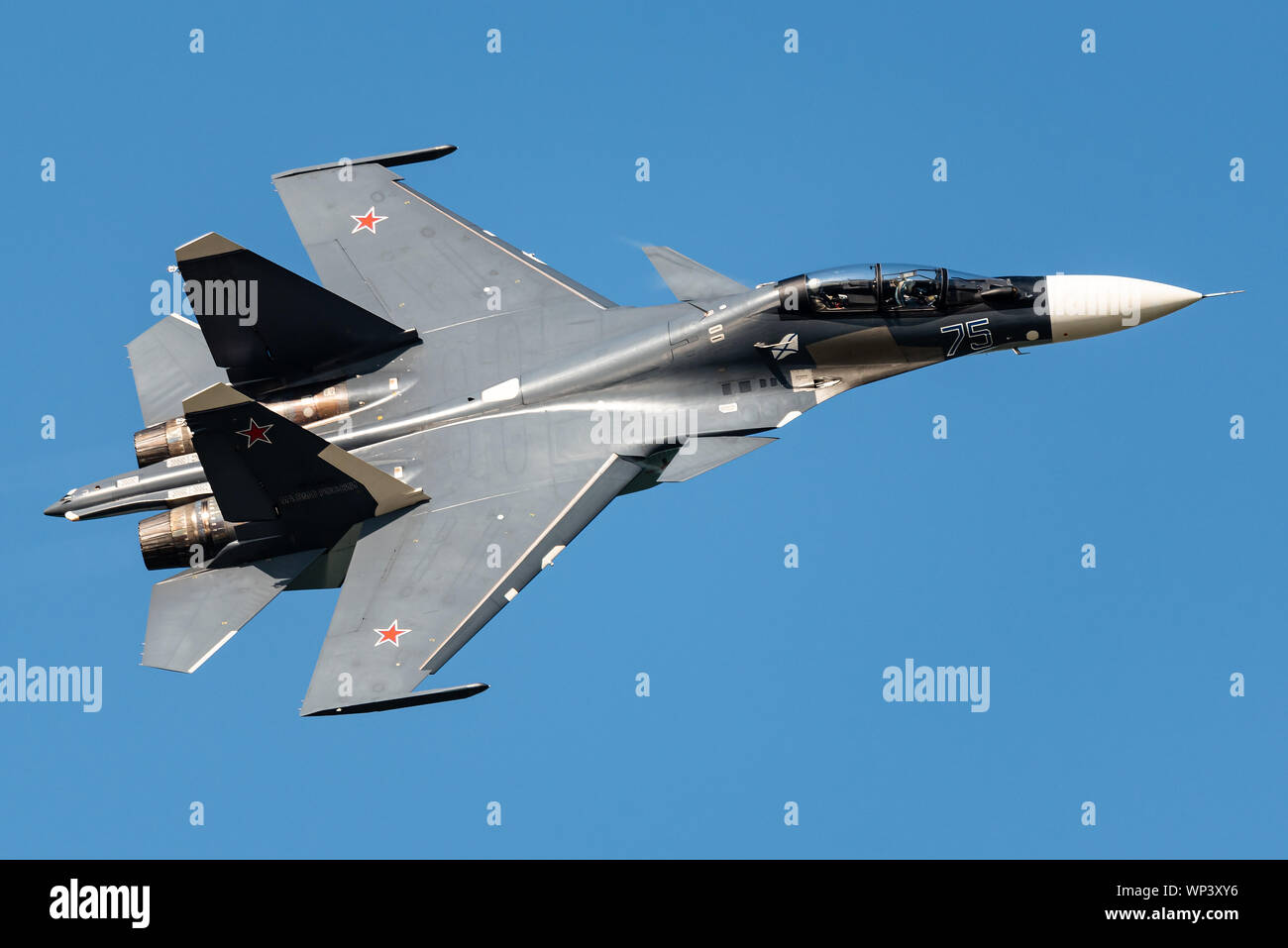 A Sukhoi Su-30SM two-seat supermaneuverable fighter jet of the Russian Navy at the MAKS 2019 airshow. Stock Photo