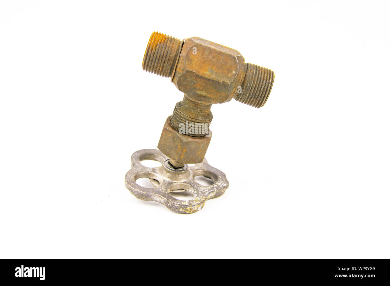 Old water tap on white background, space for text Stock Photo