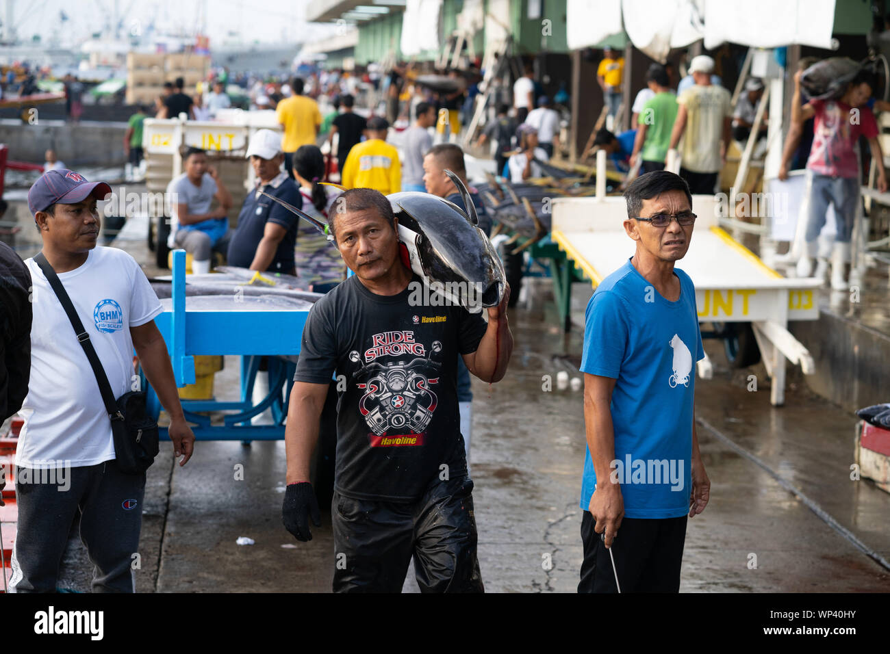 A man carrying a large Yellowfin Tuna on his shoulder,within the Fishport at General Santos,Philippines Stock Photo
