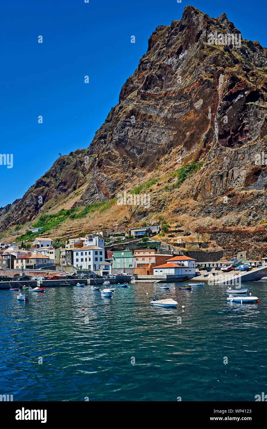 Paul do Mar with a small harbour is on the southern side of Madeira and sits at the foot of rugged sea cliffs Stock Photo
