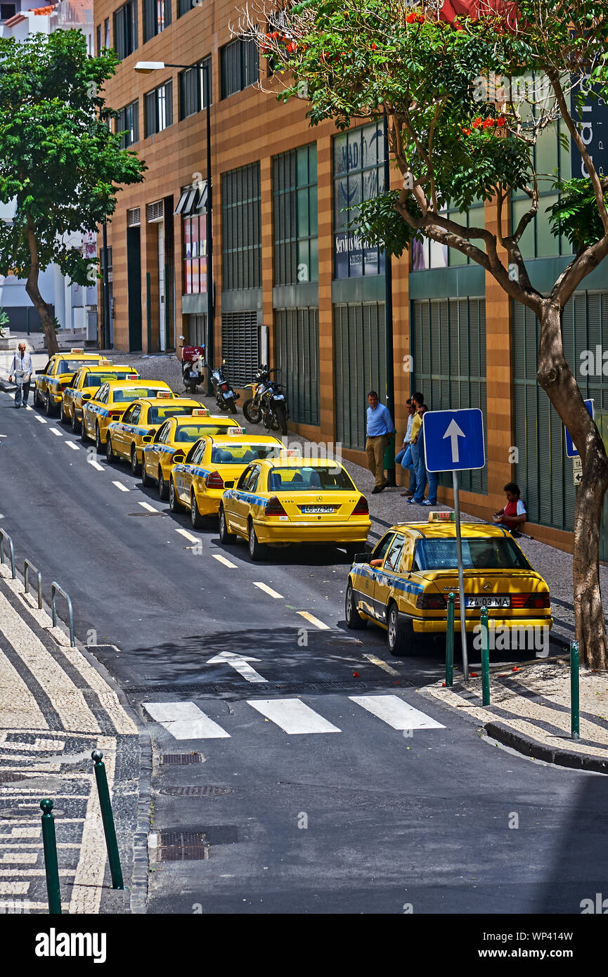 Funchal, capital city of the island of Madeira, and line of iconic yellow taxi's on a street in the centre of the city Stock Photo