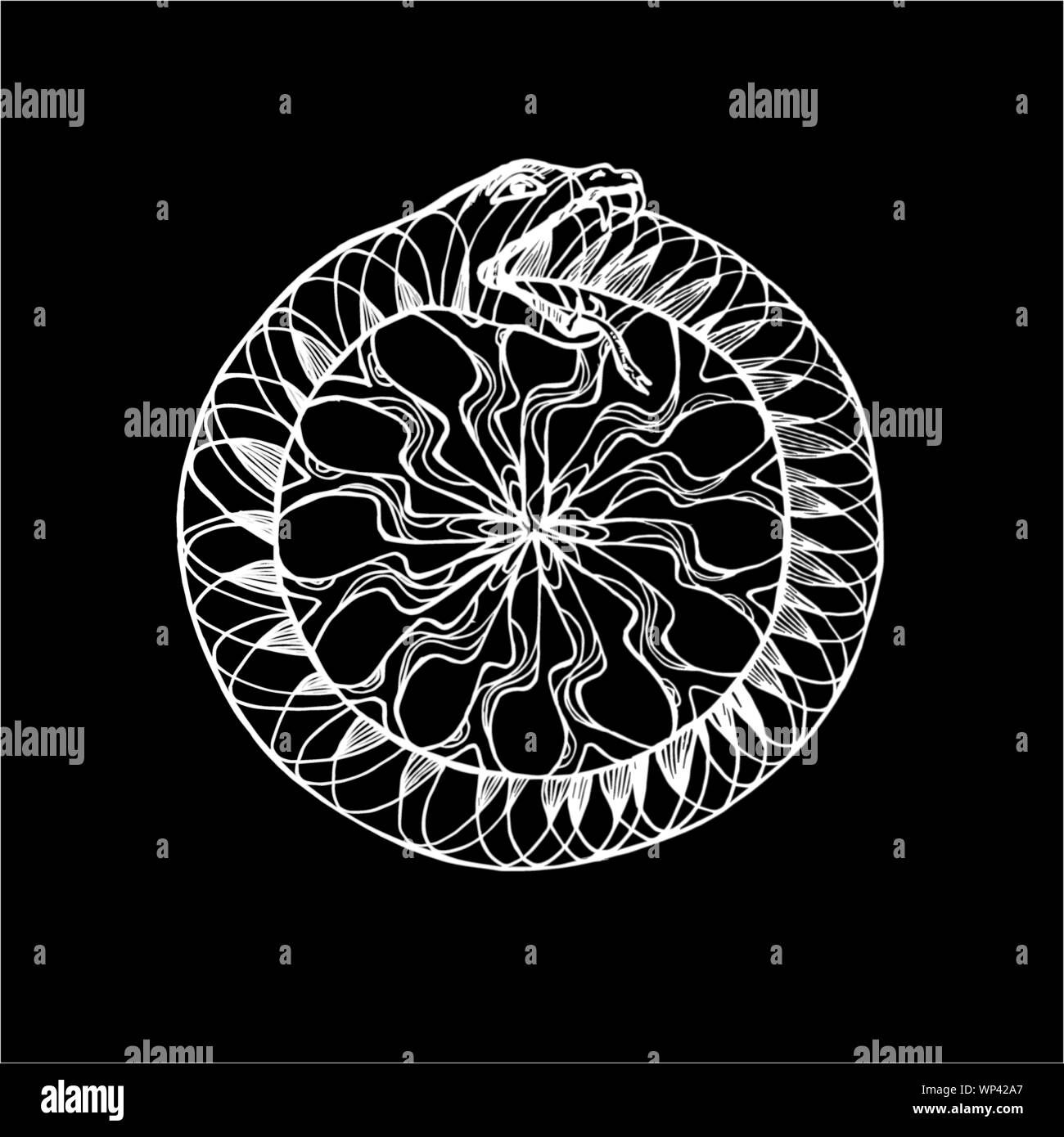 Black and white illustration of a Uroboros snake eating its tail. Pattern, idea for tattoo. Chalk on a blackboard. Stock Vector