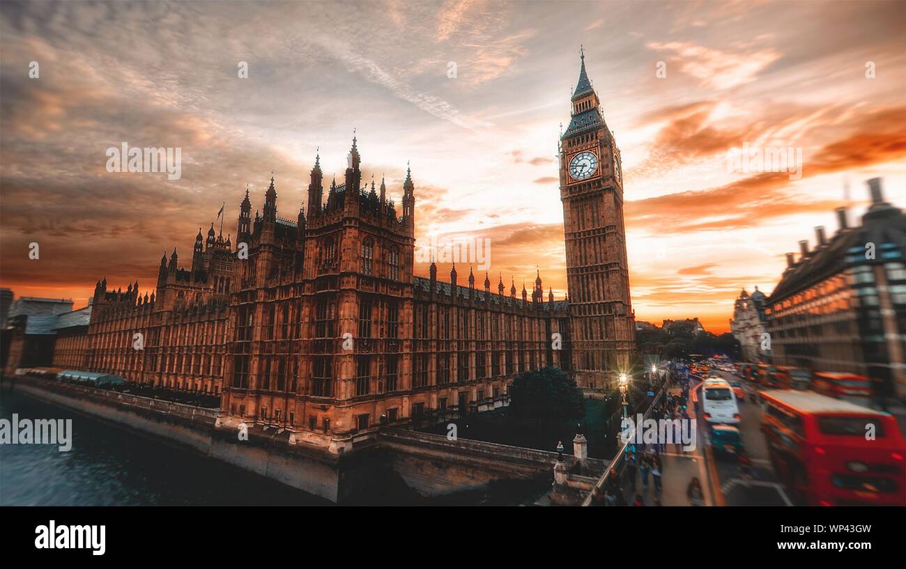 A Low Angle Wide Shot Of The Famous Big Ben In London With Amazing
