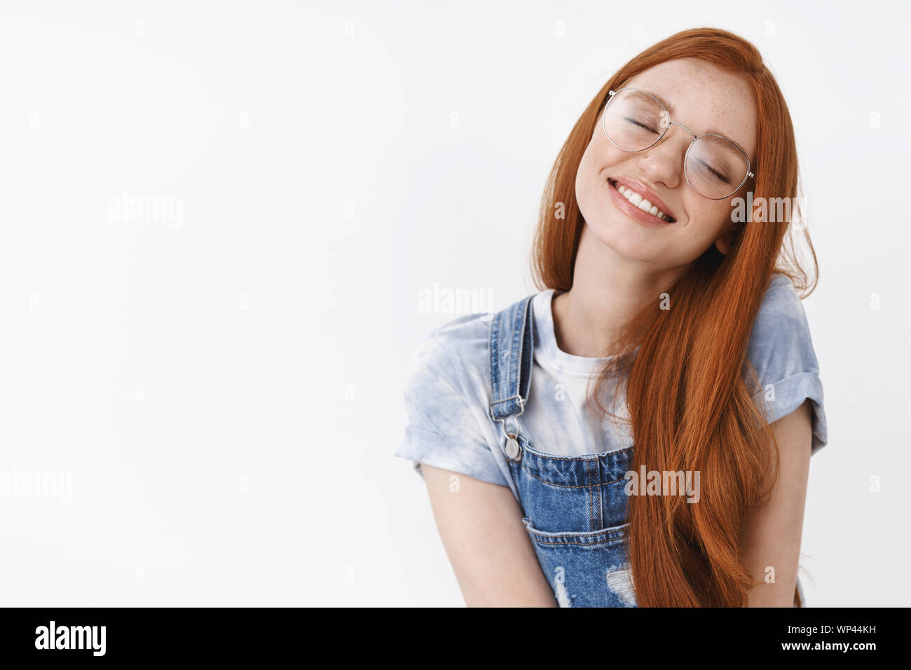 Romantic Tender Dreamy Redhead Girl Tilt Head Close Eyes And Smile