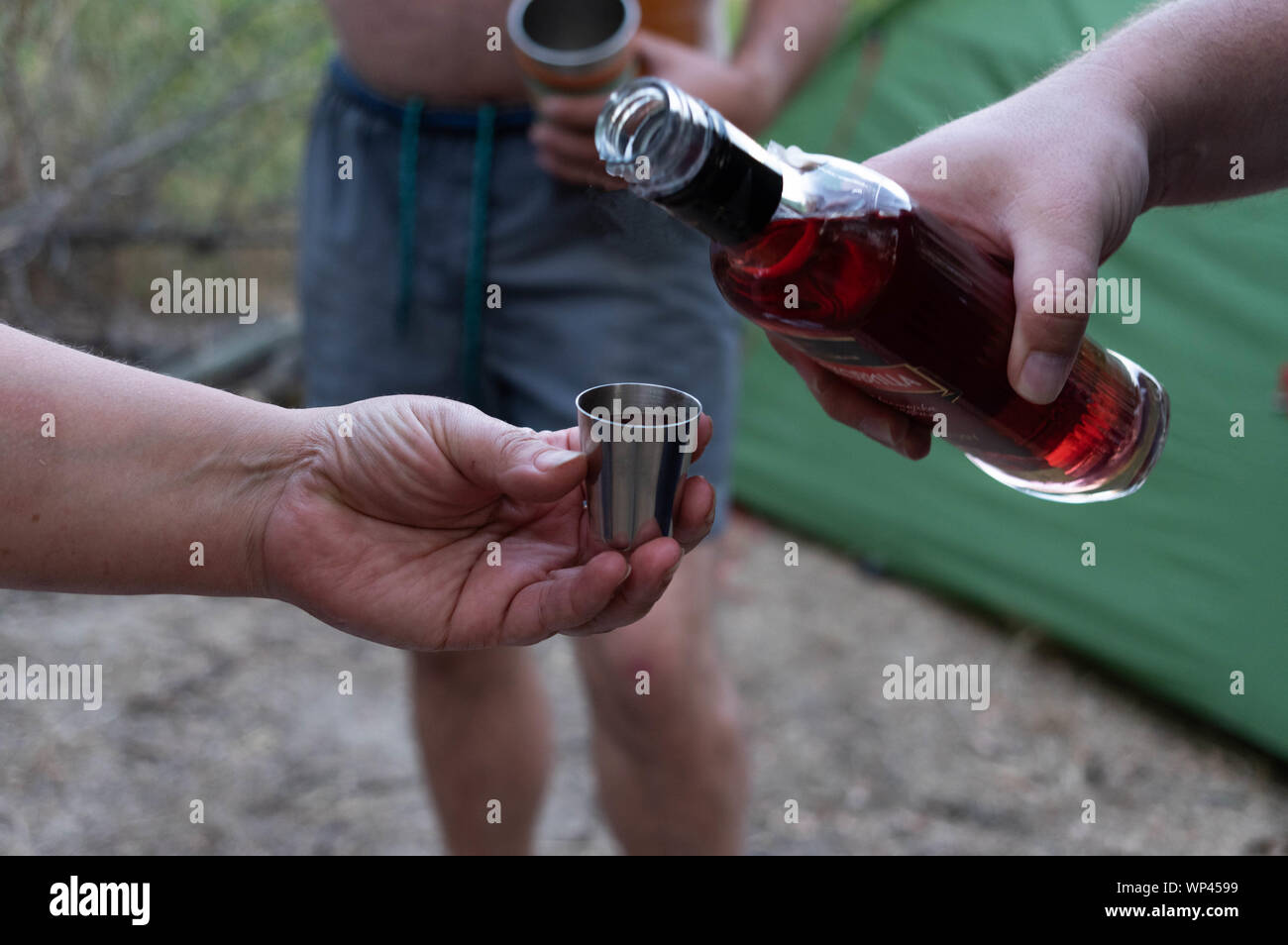 Drinking alcohol. Pouring a liquor. Bottle of alcohol and a glass Stock
