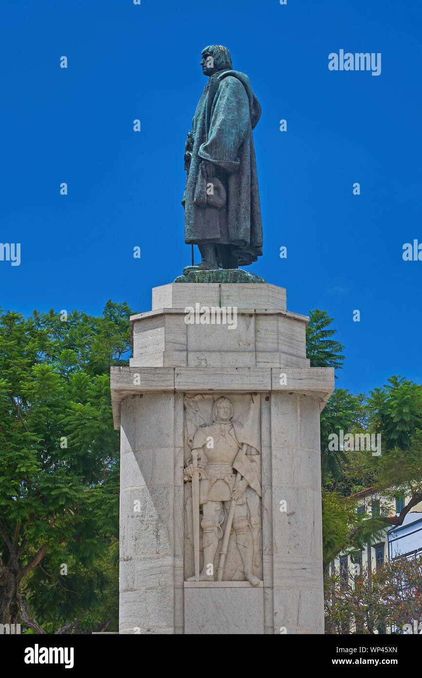 Funchal, Madeira and the statue of Joao Goncalves Zargo , Portuguese explorer and settler on Madeira, later First Captain of Funchal Stock Photo