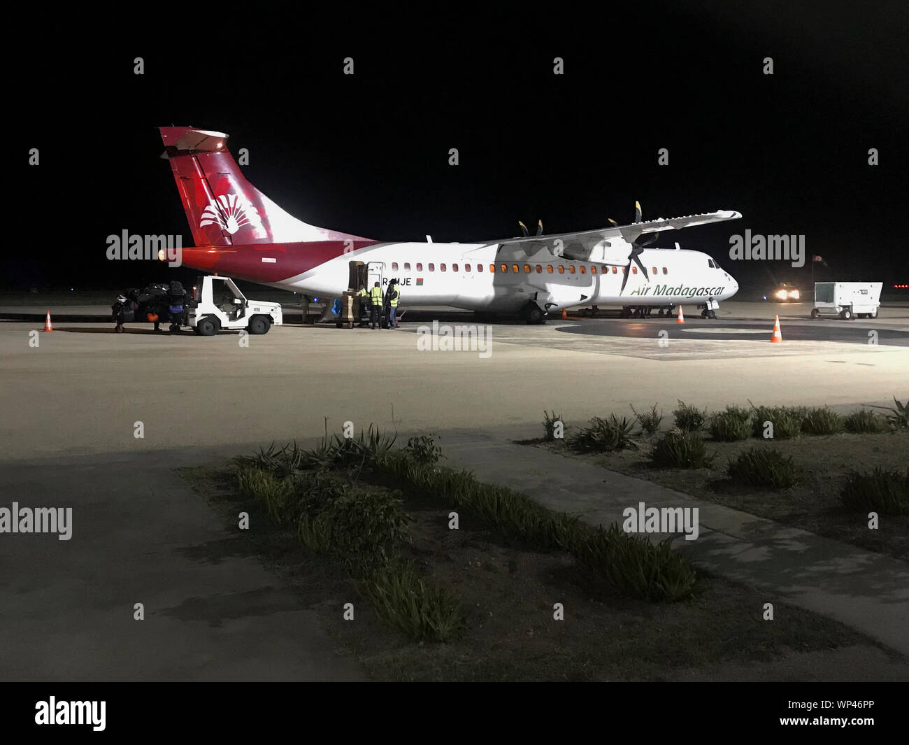 Tulear, Madagascar July25, 2019: Madagascar Airlines ATR 42 twin turbo-prop airliner, made in France, at the airport prepariong for a night flight to Stock Photo