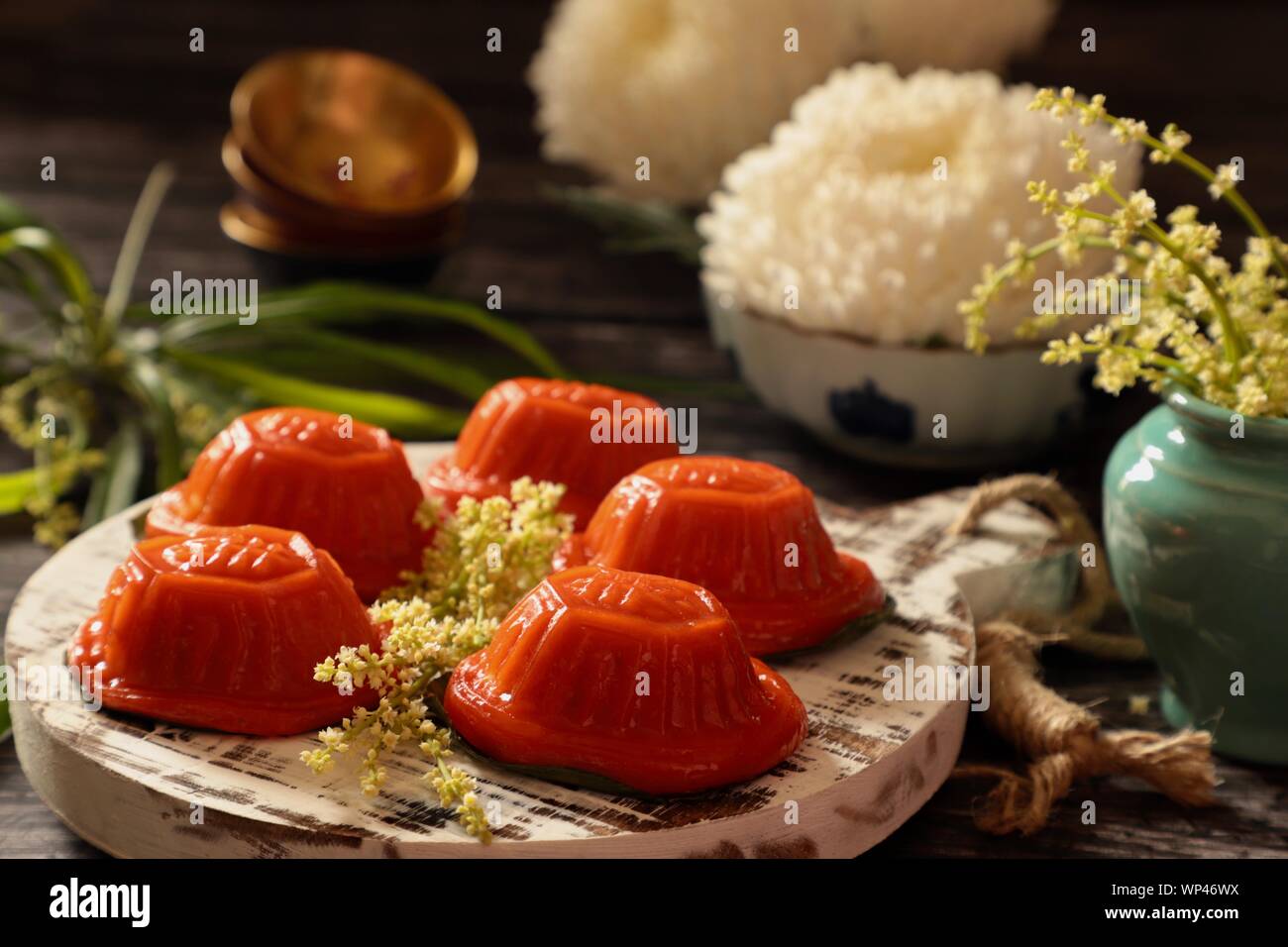 Ang Ku Kueh. Chinese red 'tortoise' cake of sticky rice shell with mung bean filling; popular in China and Southeast Asian countries. Stock Photo