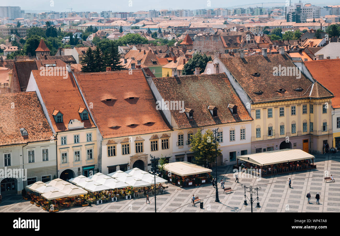 Piata Mare Large Square from Council Tower in Sibiu, Romania Stock