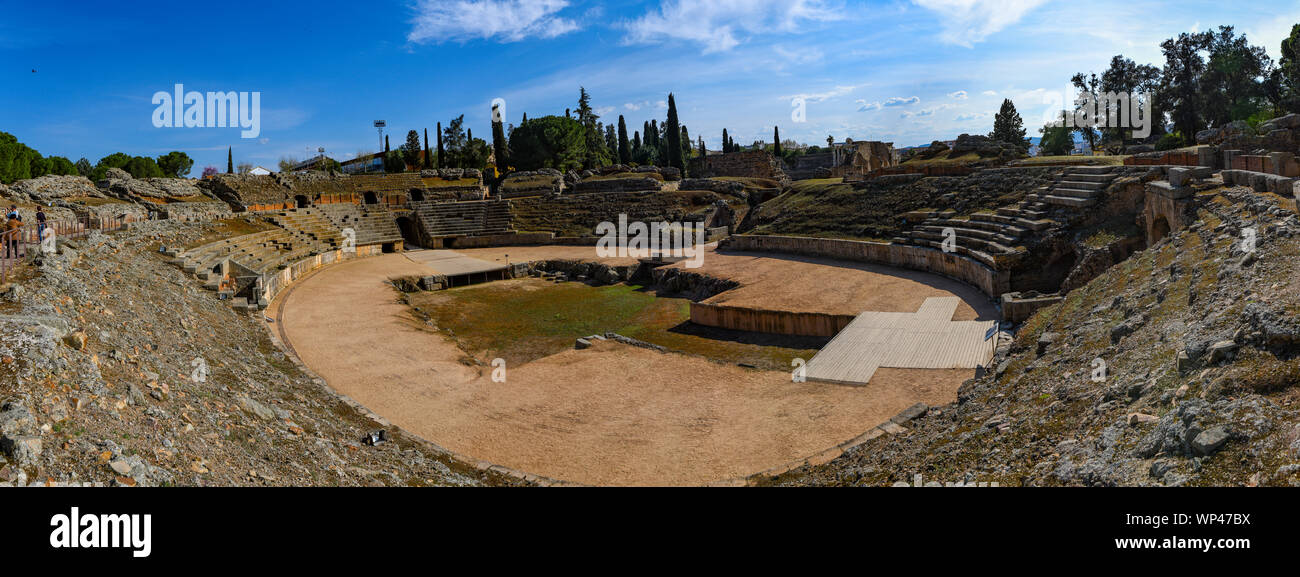 Roman amphitheatre of the ruins of Merida in the romanic city of Emerita Augusta, Stock Photo